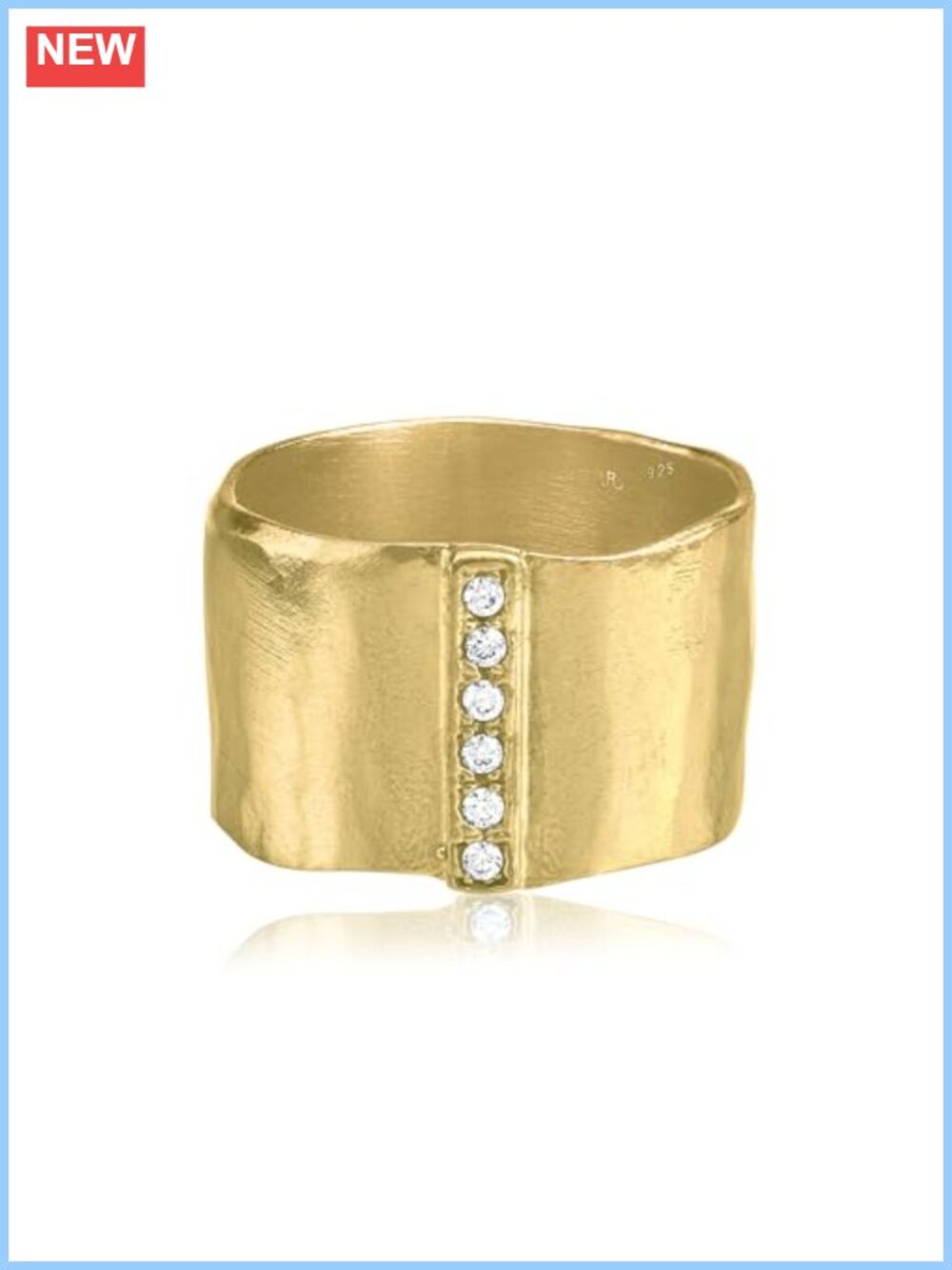 14K Gold Plated Sterling Silver Wide Band Hammered Ring Cubic Zirconia